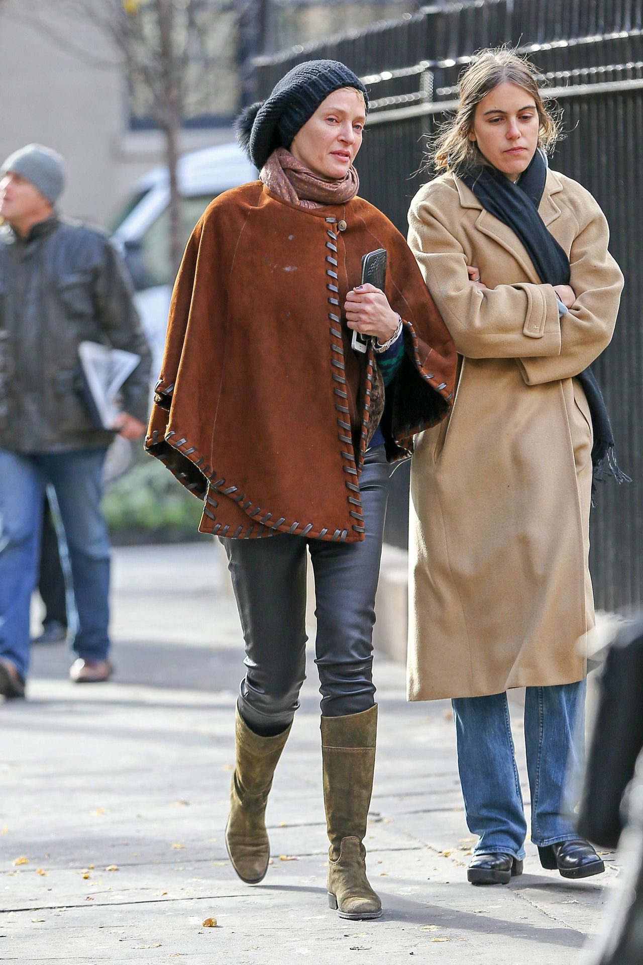 Uma Thurman in a Suede Poncho - Out in New York City - December 2014