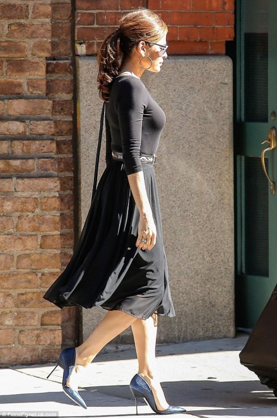 Eva Mendes in a Black Midi Dress out in New York City