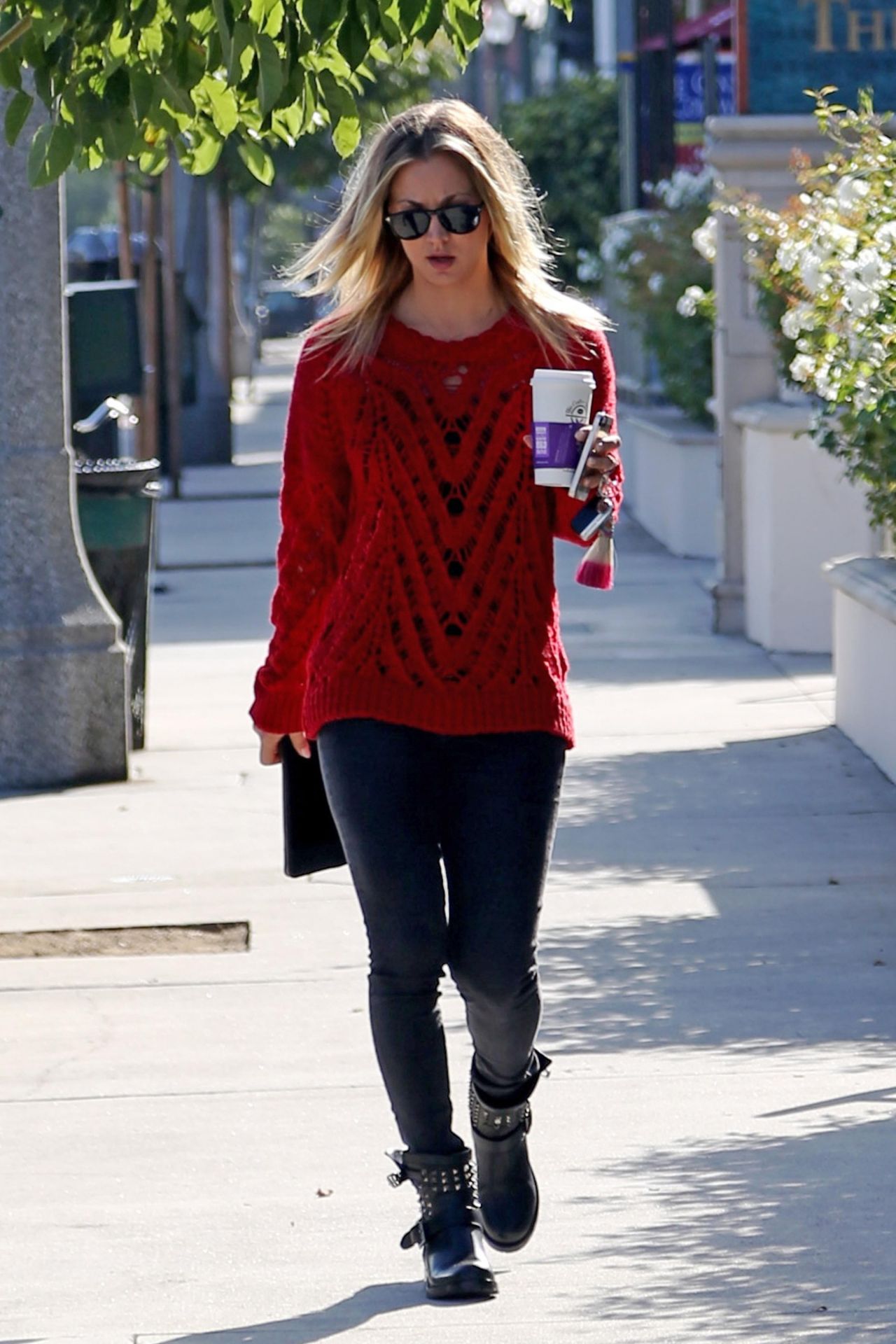 Kaley Cuoco Street Style - in a Red Sweater • CelebMafia