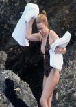 Kylie Minogue in  Leopard Print Swimsuit - Portofino July 2013