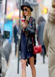 Lindsay Lohan Street Style - in Short Shirt Dress and Platform Heels in New York City - Dec. 2013