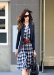 Jessica Biel in Belted Plaid Dress - Out and About in Santa Monica