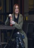 Lindsay Lohan Street Style - Sitting at a Hotel in New York City - February 2014