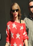 Taylor Swift Wearing a Bright Red Starry Sweater - West Hollywood, February 2014