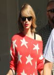 Taylor Swift Wearing a Bright Red Starry Sweater - West Hollywood, February 2014
