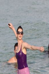 Anne Hathaway in a Swimsuit and Shorts at a Beach in Miami - March 2014