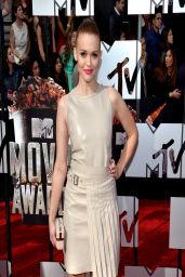 Holland Roden Wearing Salvatore Ferragamo Belted Leather Dress - 2014 MTV Movie Awards