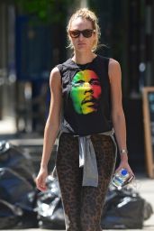 Candice Swanepoel in T-Shirt and Leopard Leggings in Soho, New York City - May 2014