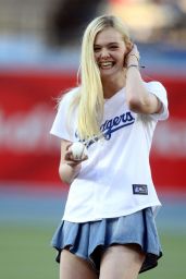 Elle Fanning Throws Out 1st pitch at Dodger Stadium in Los Angeles - June 2014