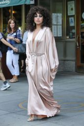 Lady Gaga in Pink Silk Dressing Gown Leaves Her apartment in New York City