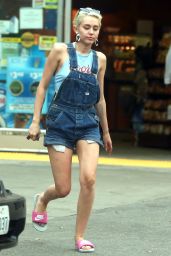 Miley Cyrus in Jean Shorts With Suspenders at a Gas Station in West Hollywood