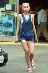 Miley Cyrus in Jean Shorts With Suspenders at a Gas Station in West Hollywood