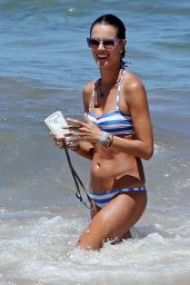 Alessandra Ambrosio in a Striped Bikini - Beach in Maui - August 2014