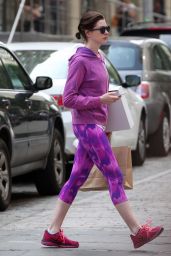 Anne Hathaway in Bright Purple Workout Gear - Out in NYC, August 2014