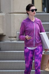 Anne Hathaway in Bright Purple Workout Gear - Out in NYC, August 2014