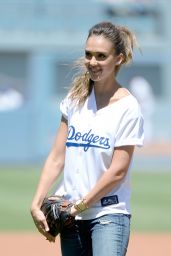 Jessica Alba - First pitch at Brewers vs Dodgers Baseball Game in Los Angeles - Aug. 2014