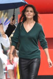 Katie Holmes in Leather Pants - Out on a Rainy Day in New York City - August 2014