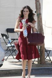 Emmy Rossum in Red Dress - Leaving a Birthday Party at Milk Studios in Hollywood