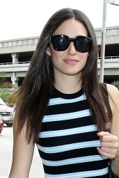 Emmy Rossum in Striped Dress at LAX Airport in Los Angeles - September 2014