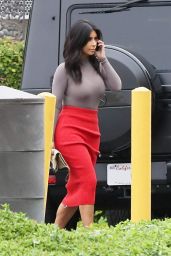 Kim Kardashian in Red Skirt - Arriving at the Family Office in Calabasas - October 2014