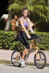 Nina Agdal in Leggings and Sports Bra - Riding a Bike in Miami - November 2014