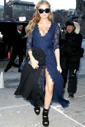 Paris Hilton Wearing a Blue Lace Dress - Outside Diane Von Fürstenberg Fash. Show New York