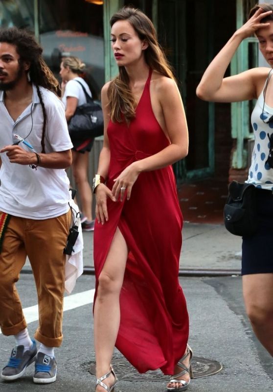 Olivia Wilde in Red Dress - Filming in NYC, July 2015