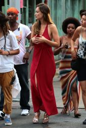 Olivia Wilde in Red Dress - Filming in NYC, July 2015