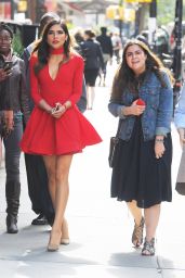 Olivia Culpo in Red Dress - Out in Tribeca, October 2015