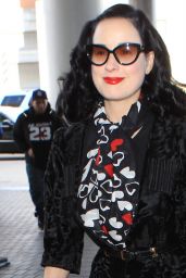 Dita Von Teese Looking Elegant in Black Crushed Velvet and Heart Scarf  - LAX Airport, November 2015