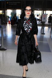 Dita Von Teese Looking Elegant in Black Crushed Velvet and Heart Scarf  - LAX Airport, November 2015