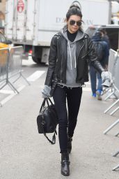Kendall Jenner - Wearing all-black and an Extra Long Grey Wweatshirt as she Enters the Victoria Secret Rehearsal Show in New York, November 2015