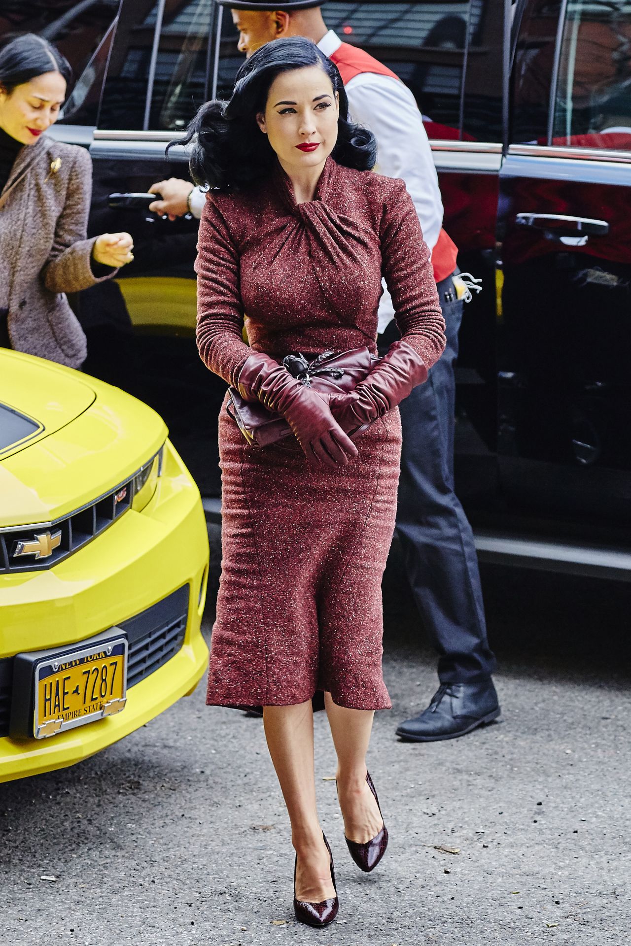 Dita Von Teese in Red Retro Tweed Dress - Arriving at Her Hotel in New ...