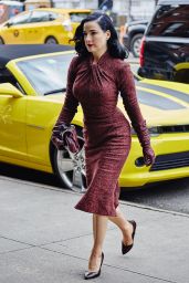Dita Von Teese in Red Retro Tweed Dress - Arriving at Her Hotel in New York, 12/3/2015