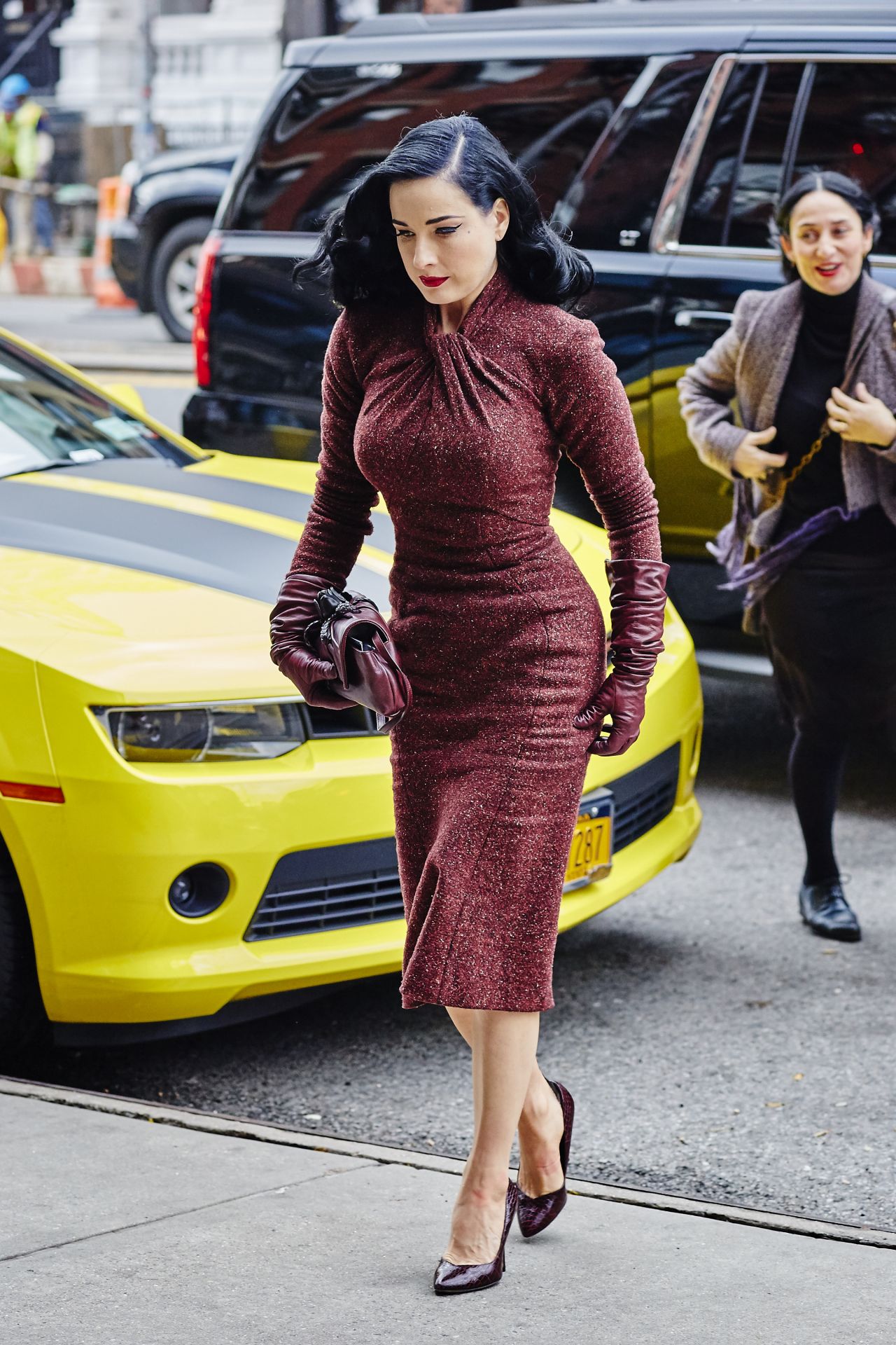 Dita Von Teese in Red Retro Tweed Dress - Arriving at Her Hotel in New ...