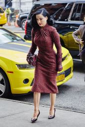 Dita Von Teese in Red Retro Tweed Dress - Arriving at Her Hotel in New York, 12/3/2015