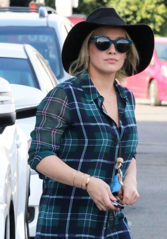 Hilary Duff - Wearing Plaid Dress Picking up Lunch to go in Beverly Hills, December 2015