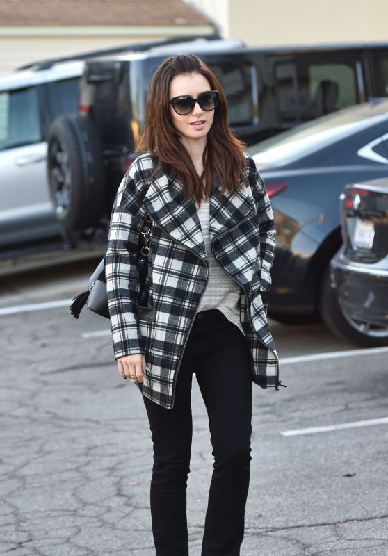 Lily Collins Street Style - Leaving an Office in Los Angeles, December 2015