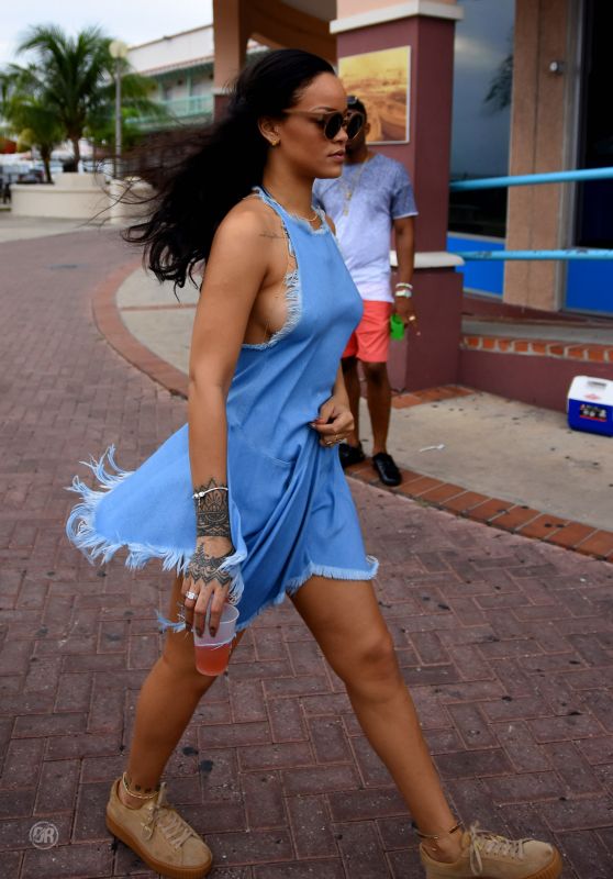 Rihanna Wears Blue Short Dress - Out in Barbados 12/27/2015 