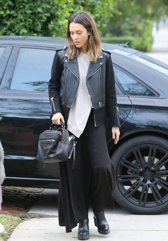 Jessica Alba in Leather Jacket and Maxi Dress - Beverly Hills, January 2016