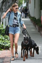 Isabella Lindbloom in Jeans Shorts - Walking Her Two Doberman Dogs - Melrose Place in West Hollywood 3/21/2016