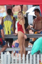 Kelly Rohrbach in Red Swimsuit on set of Baywatch in Miami, March 2016