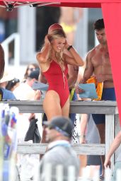 Kelly Rohrbach in Red Swimsuit on set of Baywatch in Miami, March 2016