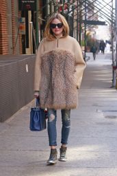 Olivia Palermo - Wears Fur Coat With Ripped Denim Jeans in New York City 3/27/2016