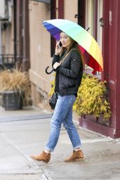 Olivia Wilde Beating the Rain With a Rainbow Umbrella - NYC 3/14/2016