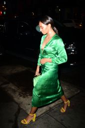 Solange Knowles - Rocks a Emerald Satin Wrap Dress and Yellow Platform Heels to Dinner at Sadelle