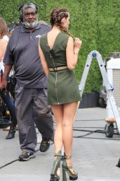 Bella Thorne in Tiny Mini Skirt and Huge Heels  on the Set of Extra in LA 6/7/2016 