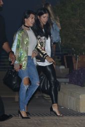 Kourtney Kardashian in a Satin Bomber Jacket, Neutral Tee, Ripped Jeans and Stilettos in Malibu 6/20/2016