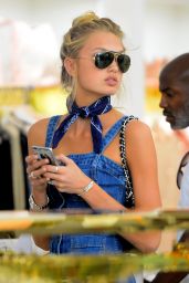 Romee Strijd in a Denim Dress for a Day of Shopping at House of CB in West Hollywood, June 2016