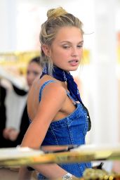 Romee Strijd in a Denim Dress for a Day of Shopping at House of CB in West Hollywood, June 2016